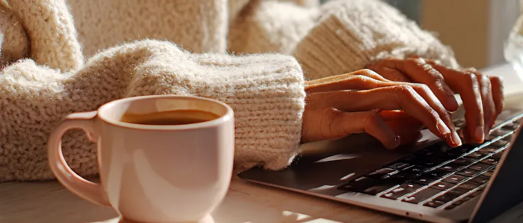 Course lifestyle - person in sweater working on laptop with coffee